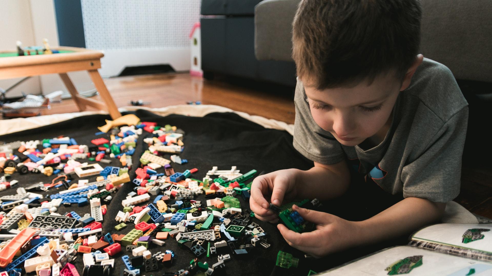 boy in grey crew-neck t-shirt plays LEGO bricks with white manual book